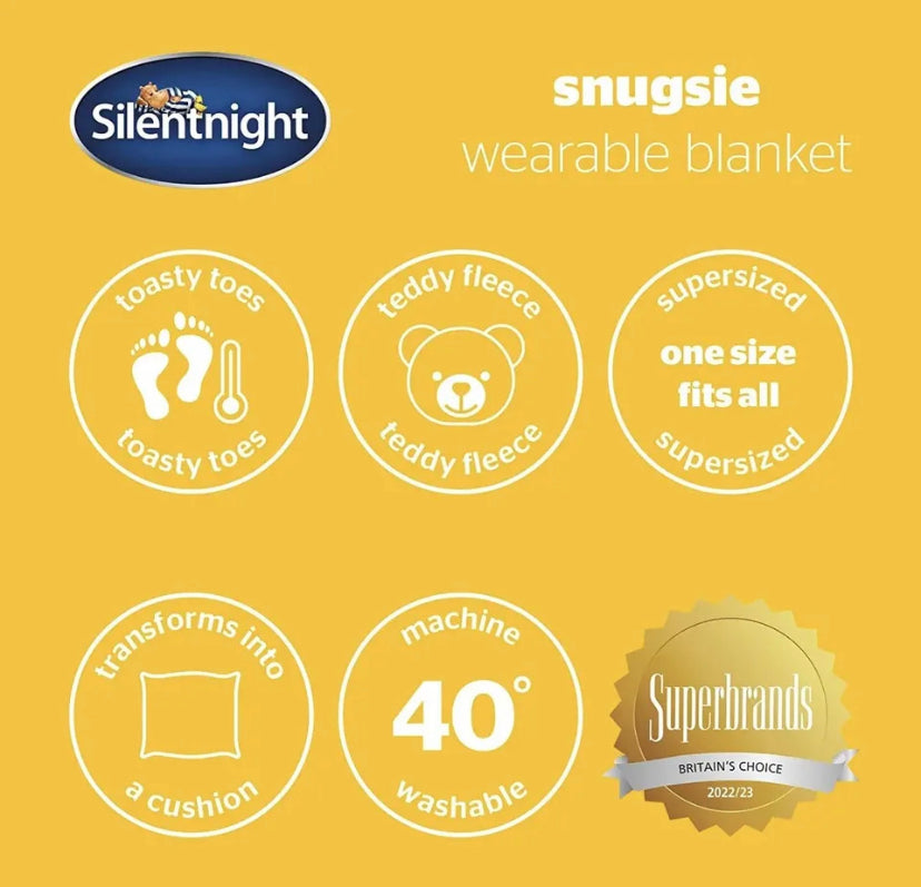 Silentnight Snugsie Wearable Blanket - Soft Teddy Fleece. Light Grey/Silver